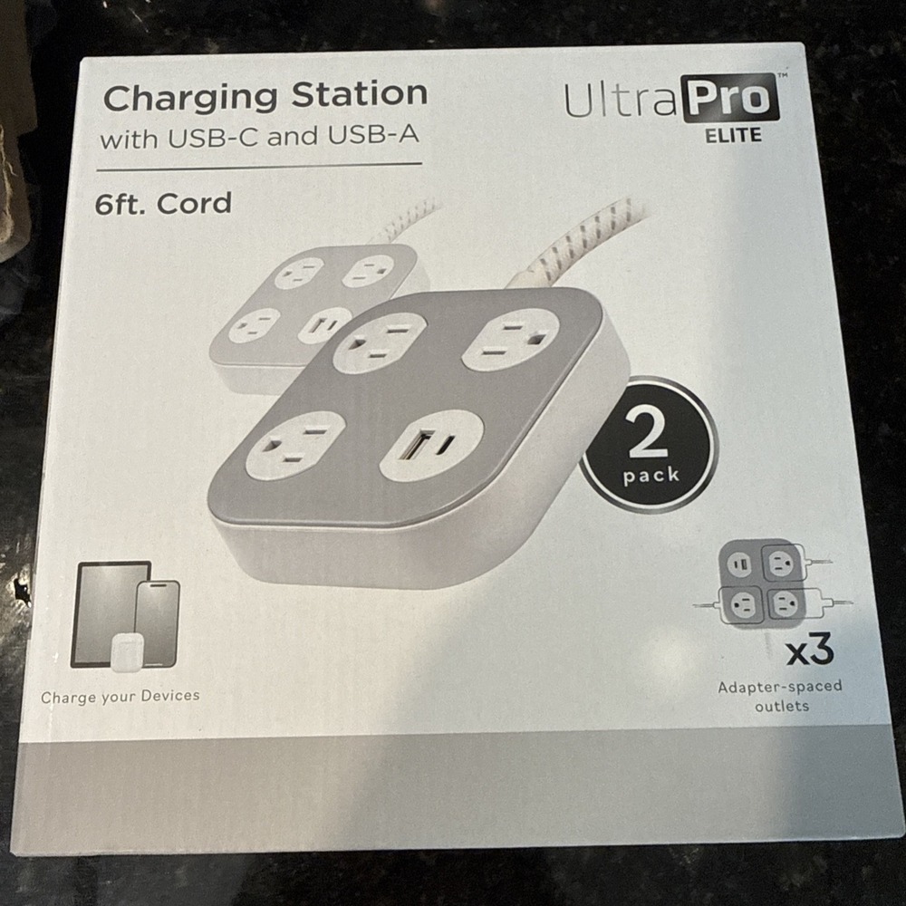 UltraPro Elite Power Strip 3 Outlet USB-C/USB-A Flat Plug 6ft 2pk White